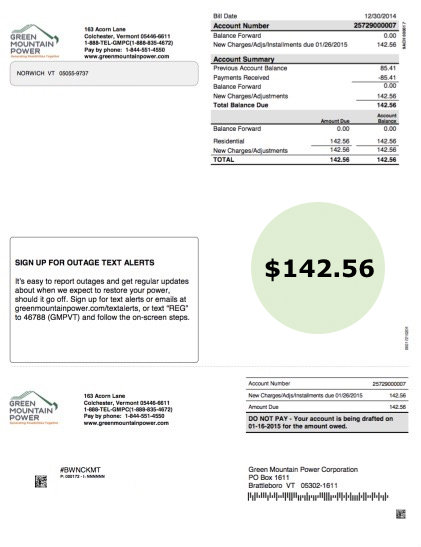 Typical Utility Bill showing home energy usage