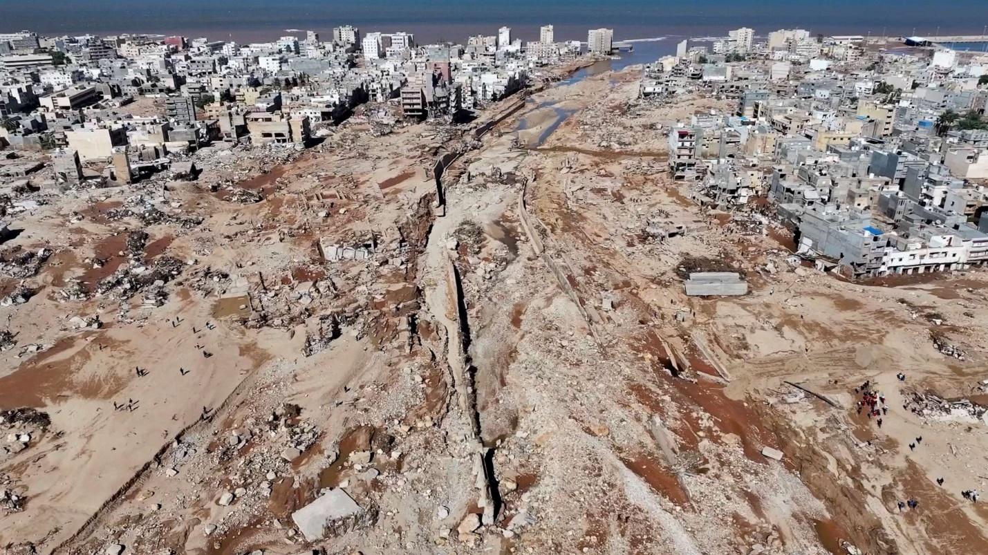 PHOTO: A view shows the damaged areas, in the aftermath of the floods in Derna, Libya, Sept. 13, 2023, in this screen grab obtained from a social media video.